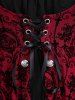 Gothic Bell Sleeves Cross Floral Mesh Flocking Lace Up Ruched Ruffles 2 in 1 Long Sleeves Top -  