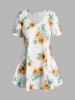 Leaf Sunflower Print Lace Up Lace Panel Back High Low Hem T Shirt -  