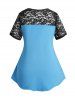 T-shirt Torsadé Panneau en Dentelle Embelli de Chaîne en Blocs de Couleurs de Grande Taille - Bleu L