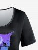 T-shirt Imprimé Chat à Arbre et Lune Grande Taille - Noir M
