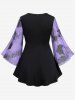 Plus Size Ink Painting Mesh Flare Sleeves Lace Up Ruched T-shirt -  