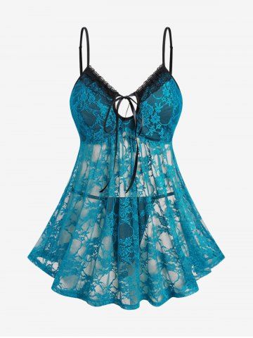 Plus Size Floral Lace Tied Babydoll T-back Set (Adjustable Shoulder Strap) - BLUE - M | US 10