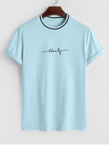 Letter Print Contrast Striped Collar T Shirt - LIGHT BLUE - XL