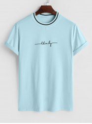 T-shirt Rayé Contrasté Lettre Imprimée à Col Chemise - Bleu clair XL
