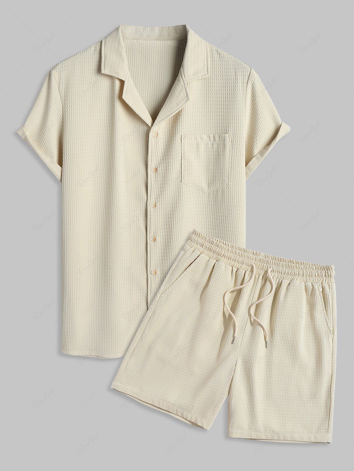 Affordable Men's Casual Plain Color Textured Front Pocket Design Short Sleeves Shirt and Drawstring Bermuda Shorts Set  
