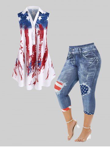 American Flag Print Henley Blouse and American Flag 3D Printed Skinny Capri Plus Size Jeggings Plus Size Outfit