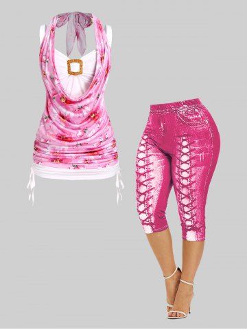 Flower Printed Draped Cinched Ruched Backless Tank Top and 3D Lace Up Jean Print Capri Leggings Plus Size Outfit