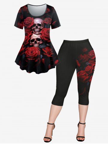 Flower Skulls Print T-shirt And Rose Skull Printed Pockets Capri Leggings Gothic Outfit