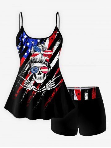 Skeleton Patriotic American Flag Print Boyleg Tankini Swimsuit (Adjustable Shoulder Strap) - BLACK - M