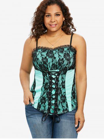 Plus Size Lace-up Floral Lace Cami Top - GREEN - M | US 10