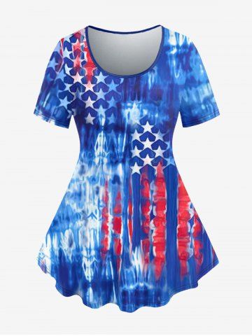 T-shirt Drapeau Américain Imprimé Teinté Patriotique de Grande Taille - BLUE - S