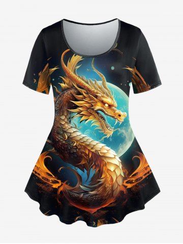 Gothic Dragon Moon Print T-shirt - BLACK - 1X