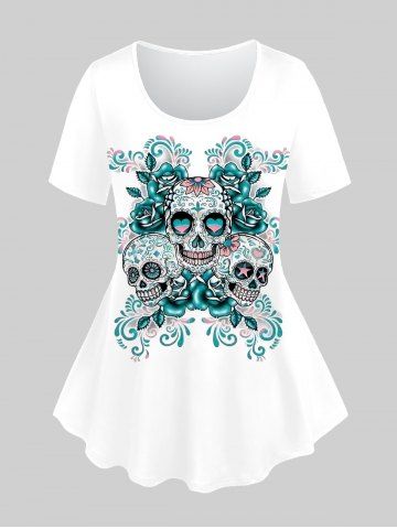 Plus Size Skulls Flower Print Short Sleeves T-shirt