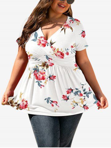 T-shirt Superposé Fleur Imprimée de Grande Taille - WHITE - XL