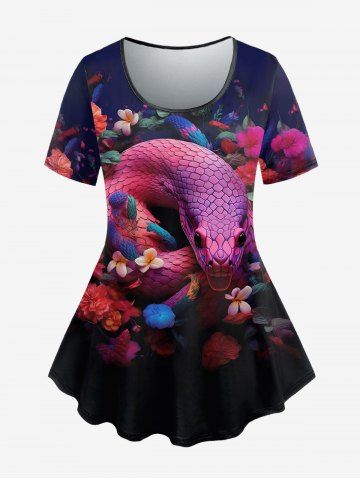 Gothic Snake Flower Print T-shirt - BLACK - 6X