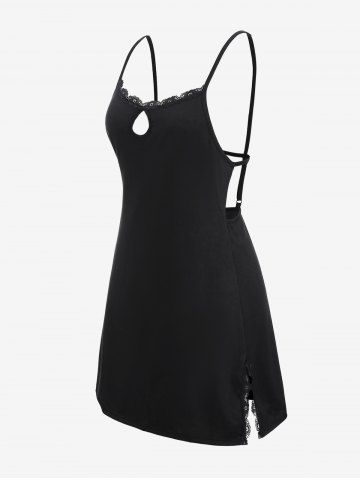 Plus Size Lace Trim Backless Split Keyhole Neck Cami Sleep Dress - BLACK - 1XL