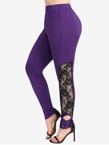 Plus Size Braided Floral Lace Pockets Leggings [40% OFF]