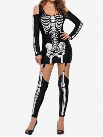 Robe Tunique Gothique Squelette Imprimée à Epaule Dénudée - BLACK - 1X