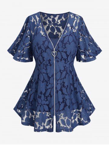 Plus Size Cami Top (Adjustable Shoulder Strap) and Floral Lace Zipper T-shirt - DEEP BLUE - 1X | US 14-16