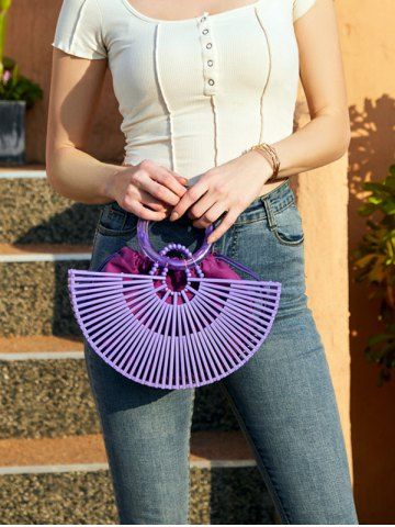 Women's Retro Style Beach Summer Vacation Bamboo Woven Semicircle Shaped Handbag Clutches Tote Bag - PURPLE - 10*11*3 INCH