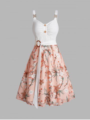 Colorblock Flower Print Self Belted Mock Button Empire Waist A Line Mini Dress - LIGHT PINK - L