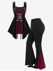 Pantalon Evasé Mouchoir Contrasté Gothique Panneau en Dentelle à Lacets - Rouge 