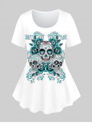 Plus Size Skulls Flower Print Short Sleeves T-shirt -  