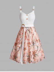 Colorblock Flower Print Self Belted Mock Button Empire Waist A Line Mini Dress -  