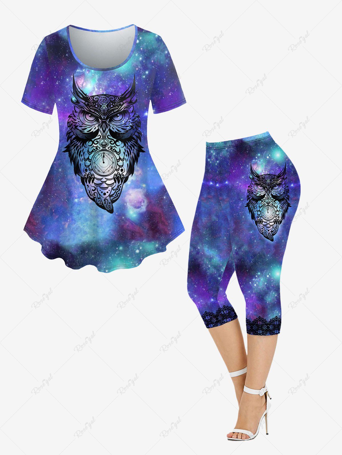 Outfits Galaxy Owl Printed Short Sleeves T-shirt and Capri Leggings Plus Size Matching Set  