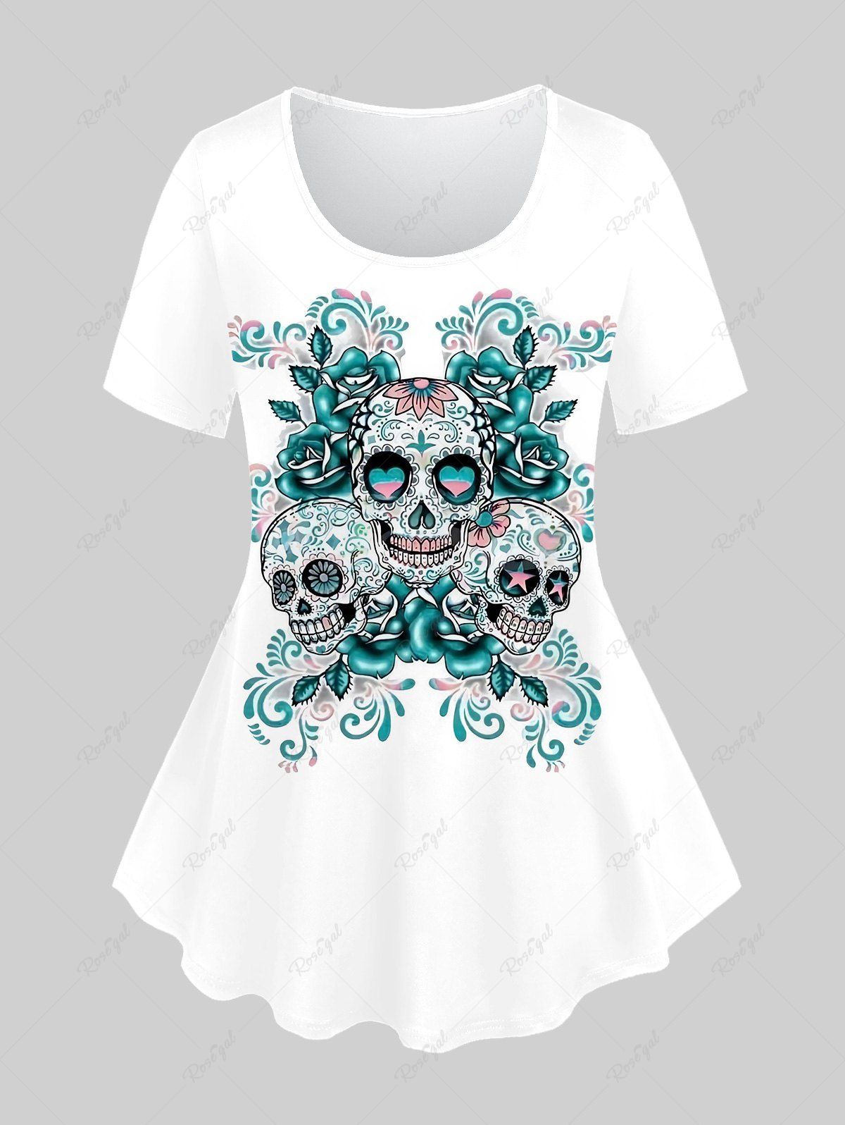 Buy Plus Size Skulls Flower Print Short Sleeves T-shirt  