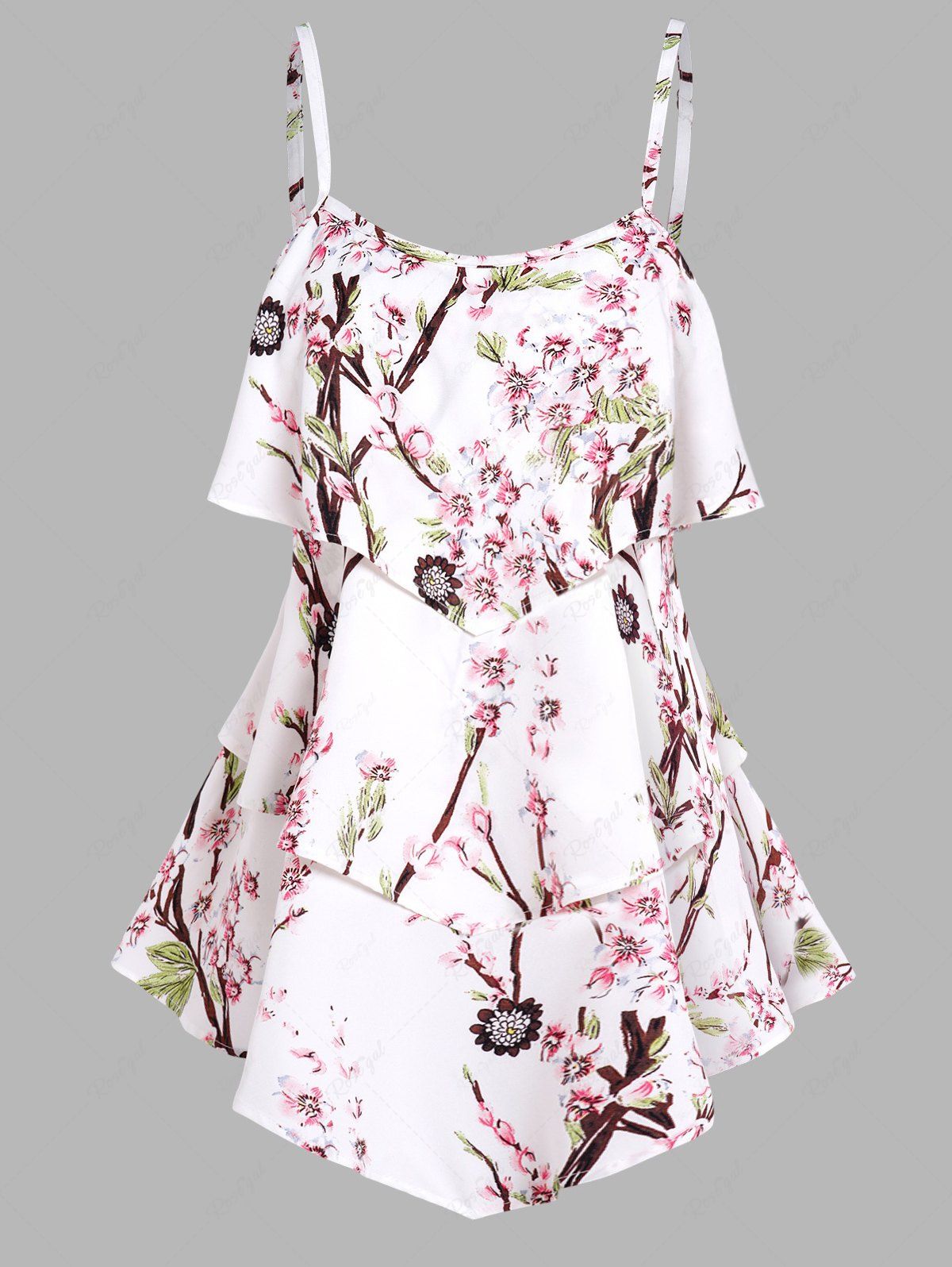 Online Peach Blossom Print Layered Spaghetti Strap Cottagecore Tank Top  