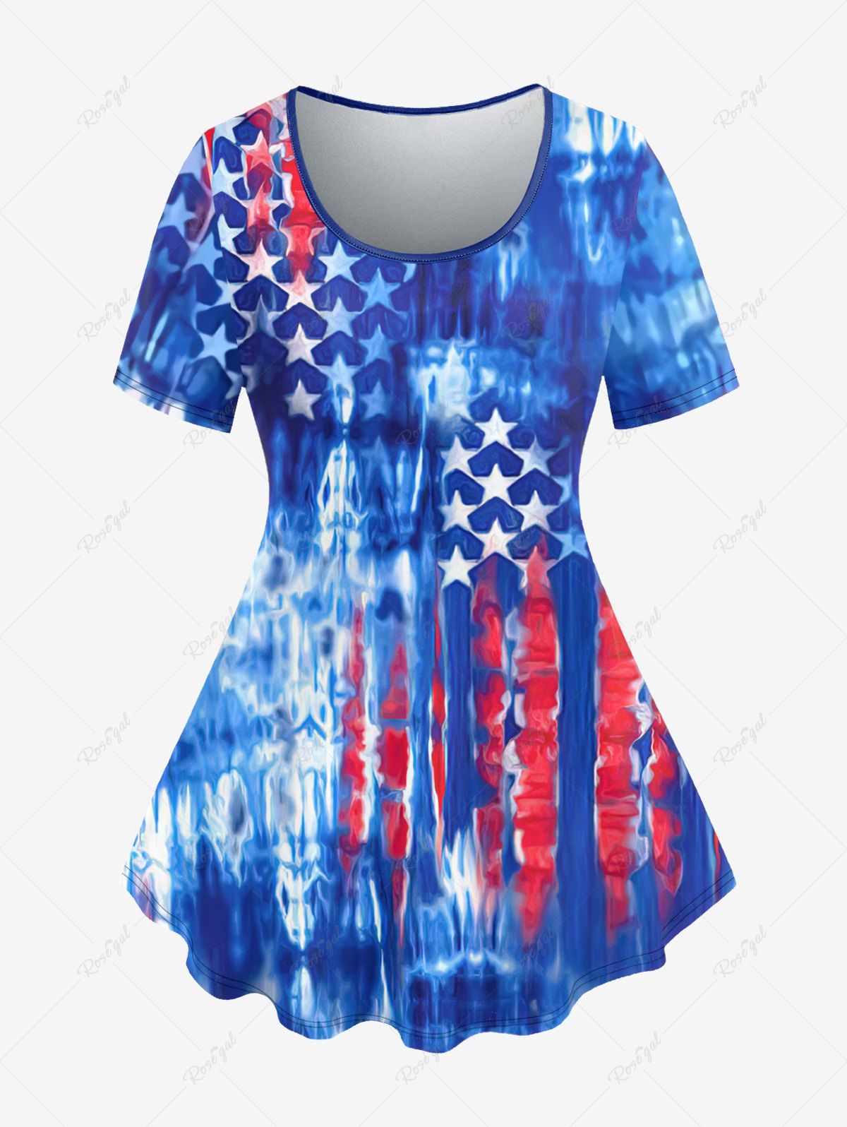 T-shirt Drapeau Américain Imprimé Teinté Patriotique de Grande Taille Bleu M