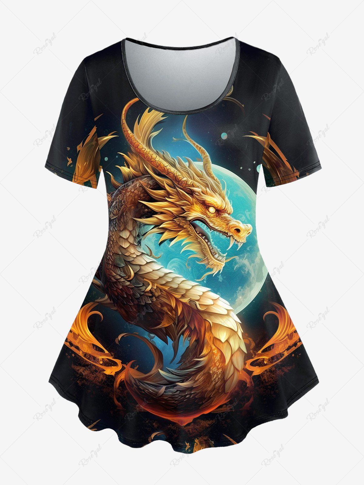 T-shirt Gothique Lune Dragon Imprimés Noir 4X