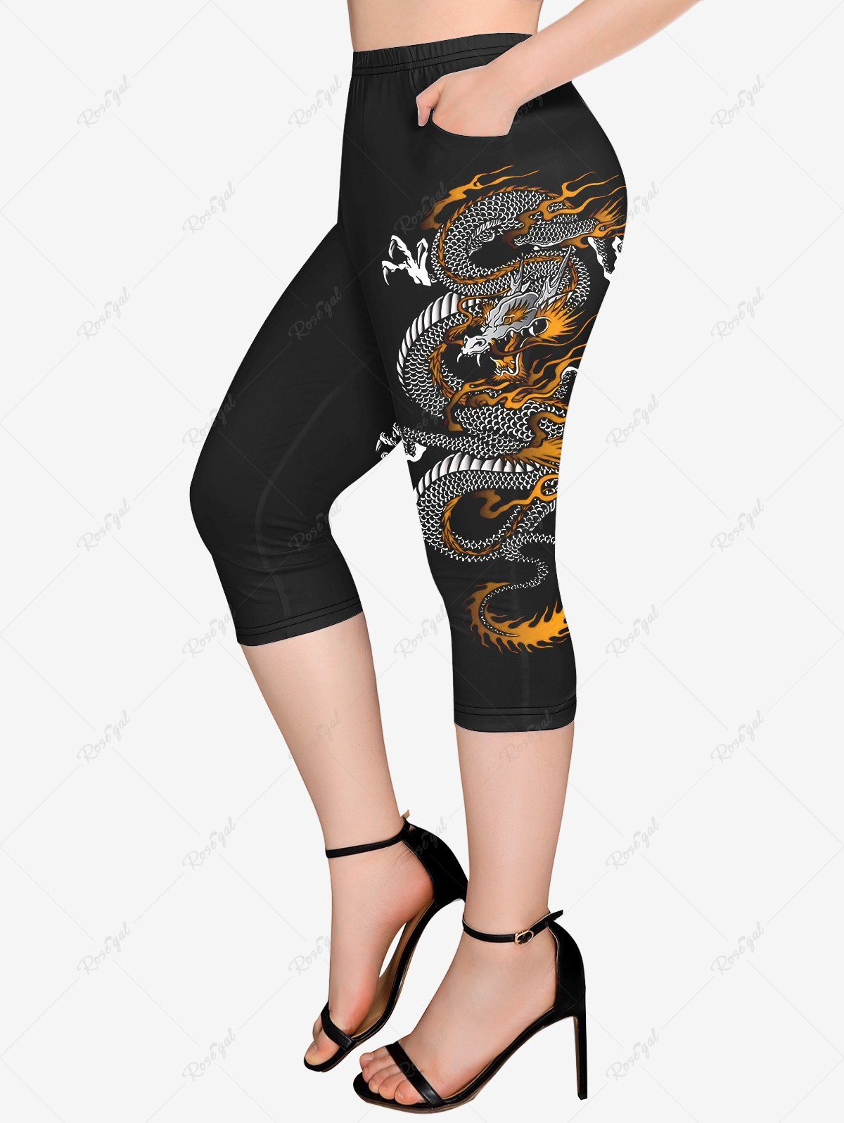 Legging Capri Gothique Dragon Imprimé avec Poches Noir 6X