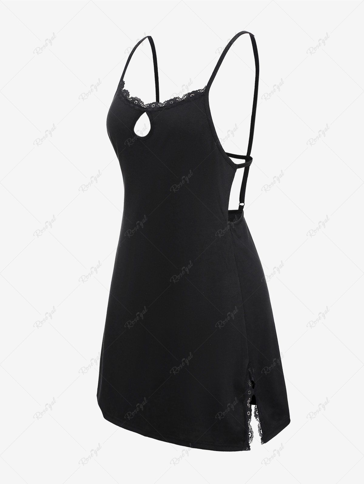 Chic Plus Size Lace Trim Backless Split Keyhole Neck Cami Sleep Dress  