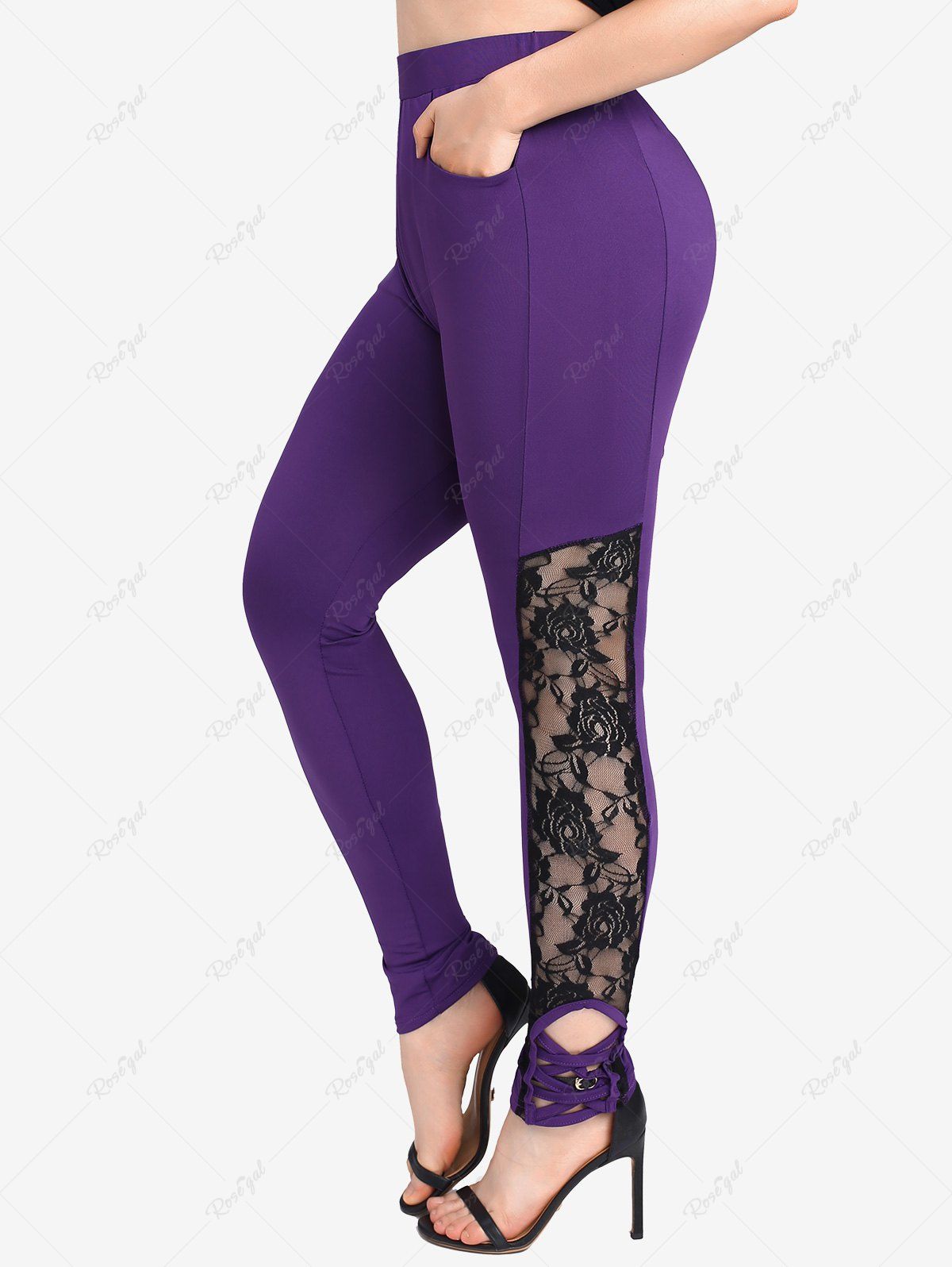 Outfits Plus Size Braided Floral Lace Pockets Leggings  