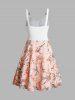 Colorblock Flower Print Self Belted Mock Button Empire Waist A Line Mini Dress -  