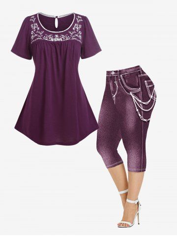Embroidered Panel Ruched Button T-shirt and 3D Chain Jeans Printed Leggings Plus Size Outfit