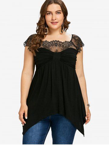 Plus Size Eyelash Lace Panel Ruched Handkerchief Short Sleeves T-shirt - BLACK - 1X | US 14-16