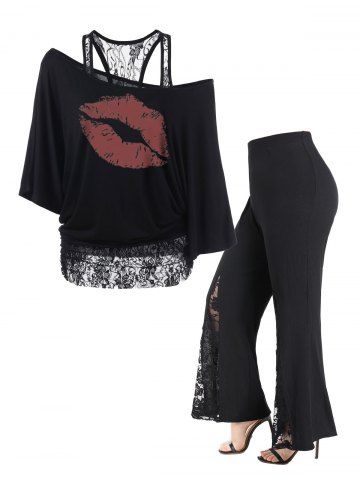 Lip Print Lace Trim Ruched Skew Collar T-Shirt and Flare Pants Plus Size Outfits