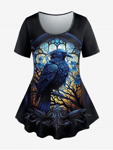 T-shirt Gothique Etoile Arbre et Plume Imprimés à Manches Courtes - BLACK - M