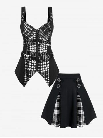 Plaid Buckled Grommets Zip Front Tank Top And Plaid Buckles High Waisted Mini Skirt Gothic Outfit - BLACK