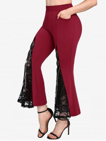 Plus Size Floral Lace Pockets Chains Braided Flare Pants - DEEP RED - 2X | US 18-20