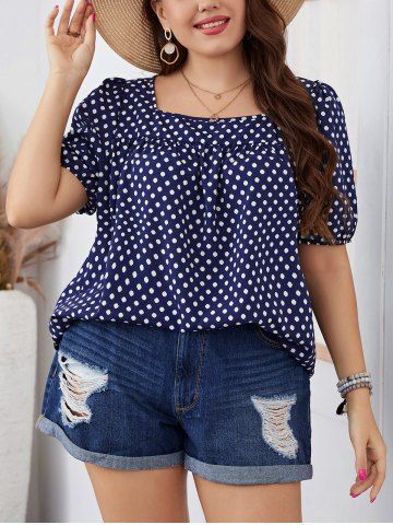 Plus Size Polka Dots Print Square Neck Top Short Sleeve Blouse - DEEP BLUE - 1XL