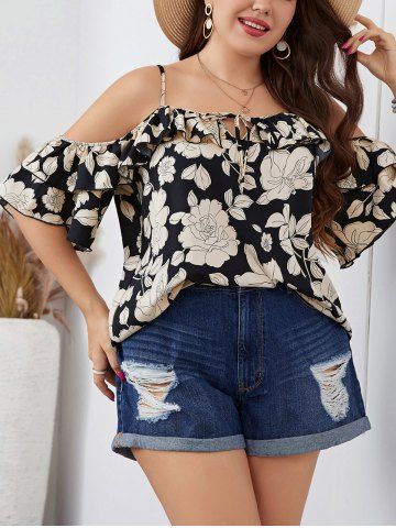 Plus Size Flower Print Cold Shoulder Ruffles Sleeve Top Adjustable Strap Tie Blouse - BLACK - 1XL