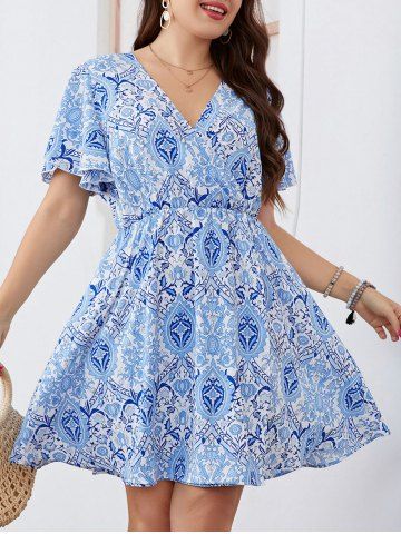 Plus Size Ethnic Print Mini Dress Flutter Sleeve A Line Casual Dress - LIGHT BLUE - 1XL