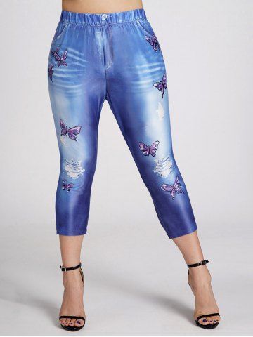 Plus Size 3D Faux Denim Butterfly Print Elastic Waist Capri Leggings - BLUE - L