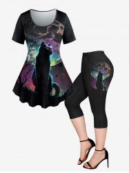 Plus Size Cat Tree Moon Star Printed T-shirt and Pockets Capri Leggings Outfit -  