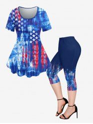 Tie Dye Patriotic American Flag Printed T-shirt and Pockets Capri Leggings Plus Size Matching Set -  