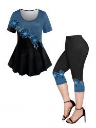 Colorblock Flower Print Short Sleeves T-shirt and Capri Leggings Plus Size Outfits -  